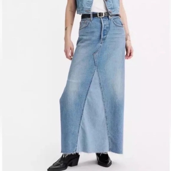 Levi's® Iconic Mid Rise Slide Slit Maxi Denim Jean Two Tone Skirt  SZ 28 - Picture 1 of 6